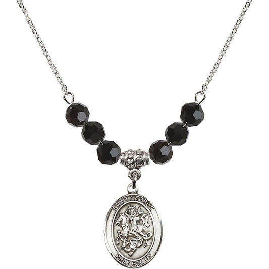 Sterling Silver Saint George Birthstone Necklace with Jet Beads - 8040