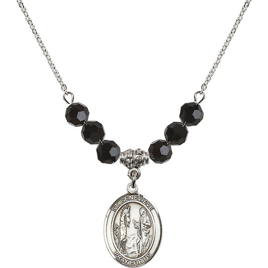 Sterling Silver Saint Genevieve Birthstone Necklace with Jet Beads - 8041