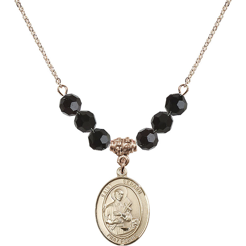 14kt Gold Filled Saint Gerard Majella Birthstone Necklace with Jet Beads - 8042