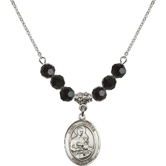 Sterling Silver Saint Gerard Majella Birthstone Necklace with Jet Beads - 8042