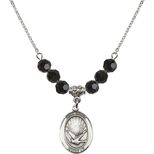 Sterling Silver Holy Spirit Birthstone Necklace with Jet Beads - 8044