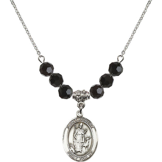 Sterling Silver Saint Hubert of Liege Birthstone Necklace with Jet Beads - 8045