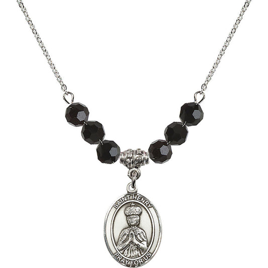 Sterling Silver Saint Henry II Birthstone Necklace with Jet Beads - 8046