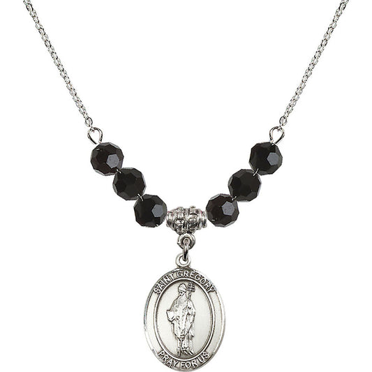 Sterling Silver Saint Gregory the Great Birthstone Necklace with Jet Beads - 8048