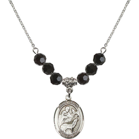 Sterling Silver Saint Jason Birthstone Necklace with Jet Beads - 8051
