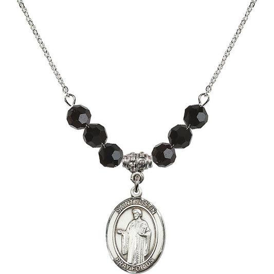 Sterling Silver Saint Justin Birthstone Necklace with Jet Beads - 8052