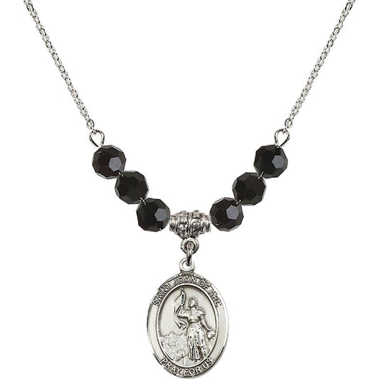 Sterling Silver Saint Joan of Arc Birthstone Necklace with Jet Beads - 8053