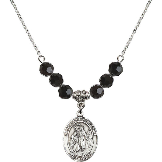 Sterling Silver Saint John the Baptist Birthstone Necklace with Jet Beads - 8054