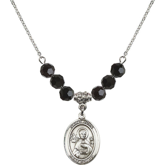 Sterling Silver Saint John the Apostle Birthstone Necklace with Jet Beads - 8056