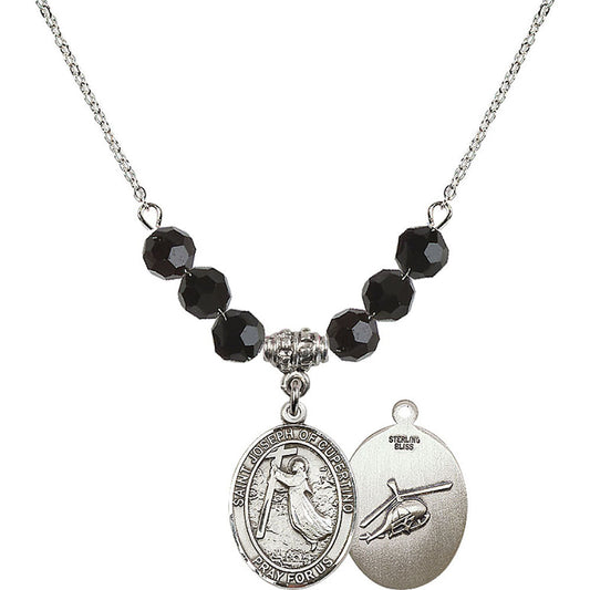 Sterling Silver Saint Joseph of Cupertino/Helecopter Birthstone Necklace with Jet Beads - 8057