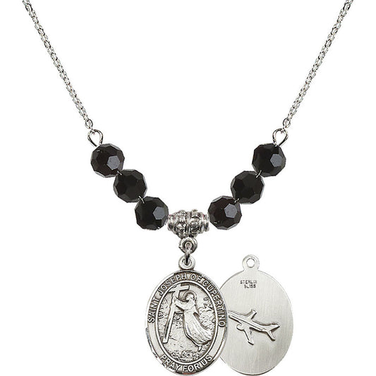 Sterling Silver Saint Joseph of Cupertino Birthstone Necklace with Jet Beads - 8057