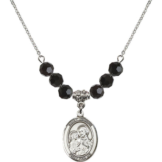 Sterling Silver Saint Joseph Birthstone Necklace with Jet Beads - 8058