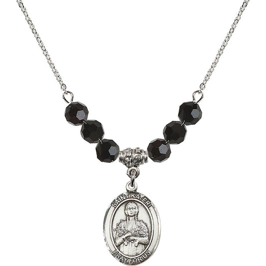 Sterling Silver Saint Kateri Tekakwitha Birthstone Necklace with Jet Beads - 8061