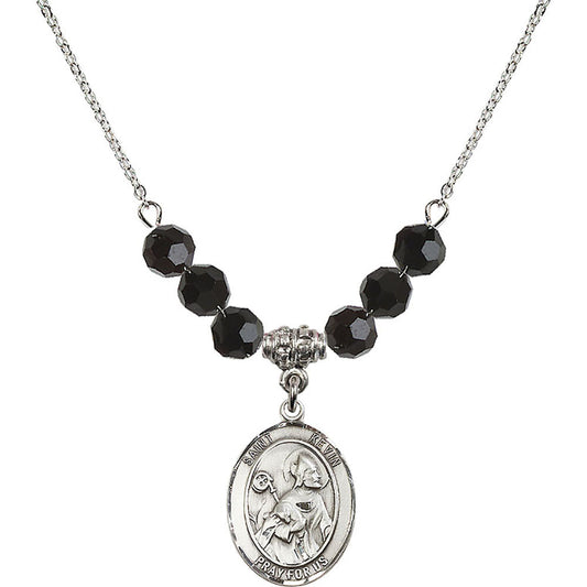 Sterling Silver Saint Kevin Birthstone Necklace with Jet Beads - 8062