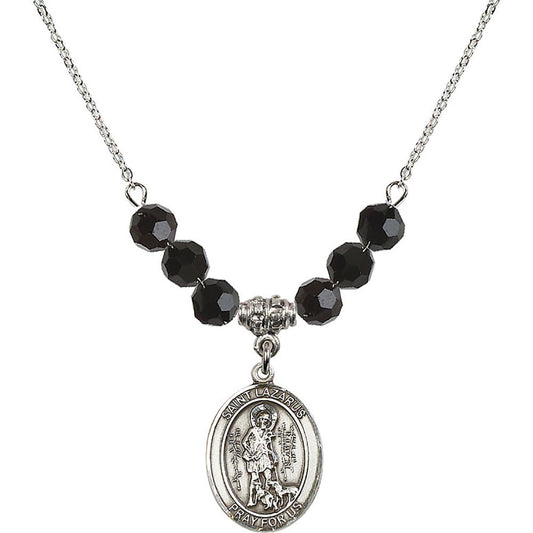 Sterling Silver Saint Lazarus Birthstone Necklace with Jet Beads - 8066