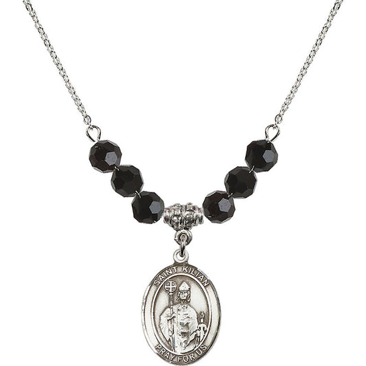 Sterling Silver Saint Kilian Birthstone Necklace with Jet Beads - 8067