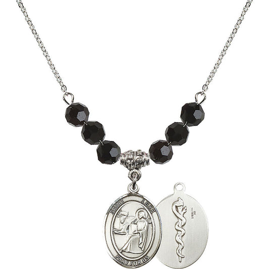 Sterling Silver Saint Luke the Apostle / Doctor Birthstone Necklace with Jet Beads - 8068