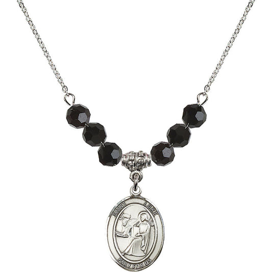 Sterling Silver Saint Luke the Apostle Birthstone Necklace with Jet Beads - 8068
