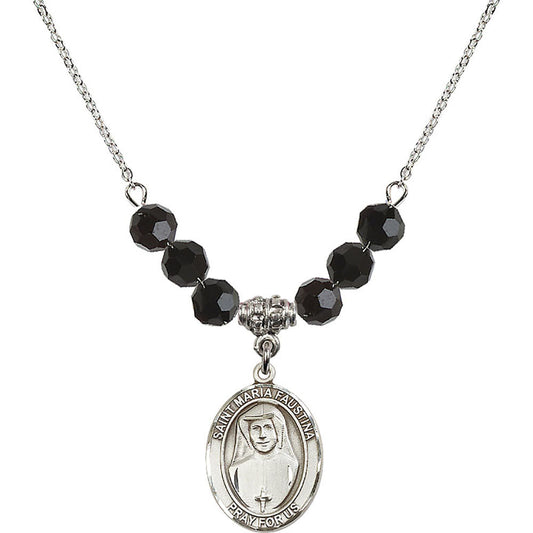Sterling Silver Saint Maria Faustina Birthstone Necklace with Jet Beads - 8069