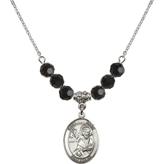 Sterling Silver Saint Mark the Evangelist Birthstone Necklace with Jet Beads - 8070