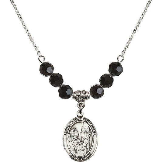 Sterling Silver Saint Mary Magdalene Birthstone Necklace with Jet Beads - 8071