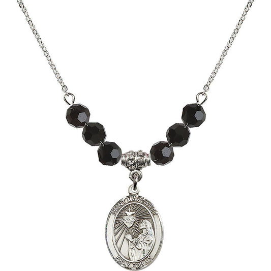 Sterling Silver Saint Margaret Mary Alacoque Birthstone Necklace with Jet Beads - 8072