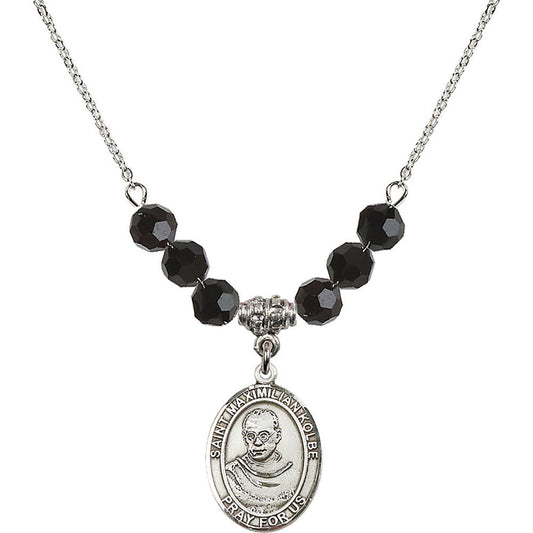 Sterling Silver Saint Maximilian Kolbe Birthstone Necklace with Jet Beads - 8073