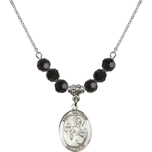 Sterling Silver Saint Matthew the Apostle Birthstone Necklace with Jet Beads - 8074