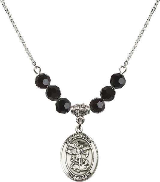Sterling Silver Saint Michael the Archangel Birthstone Necklace with Jet Beads - 8076