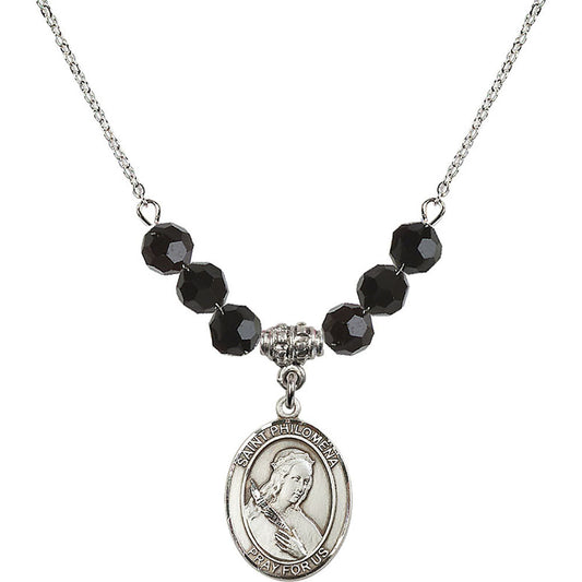 Sterling Silver Saint Philomena Birthstone Necklace with Jet Beads - 8077