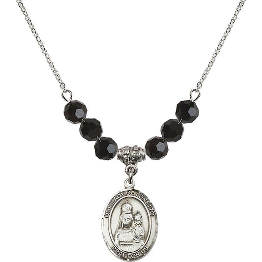 Sterling Silver Our Lady of Loretto Birthstone Necklace with Jet Beads - 8082