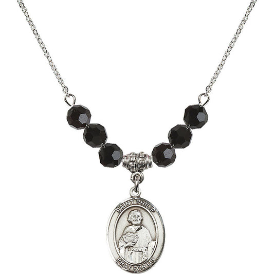 Sterling Silver Saint Philip the Apostle Birthstone Necklace with Jet Beads - 8083