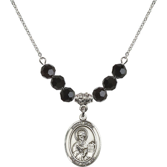 Sterling Silver Saint Paul the Apostle Birthstone Necklace with Jet Beads - 8086
