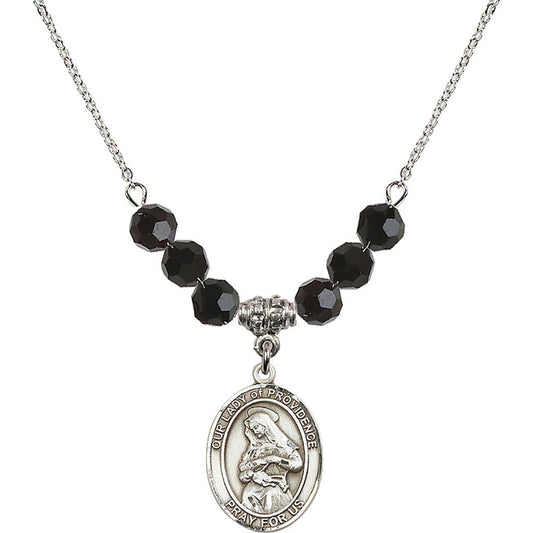 Sterling Silver Our Lady of Providence Birthstone Necklace with Jet Beads - 8087