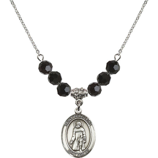 Sterling Silver Saint Peregrine Laziosi Birthstone Necklace with Jet Beads - 8088