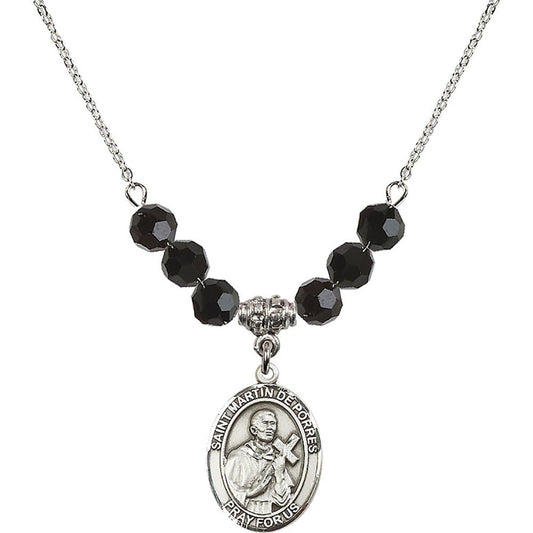 Sterling Silver Saint Martin de Porres Birthstone Necklace with Jet Beads - 8089