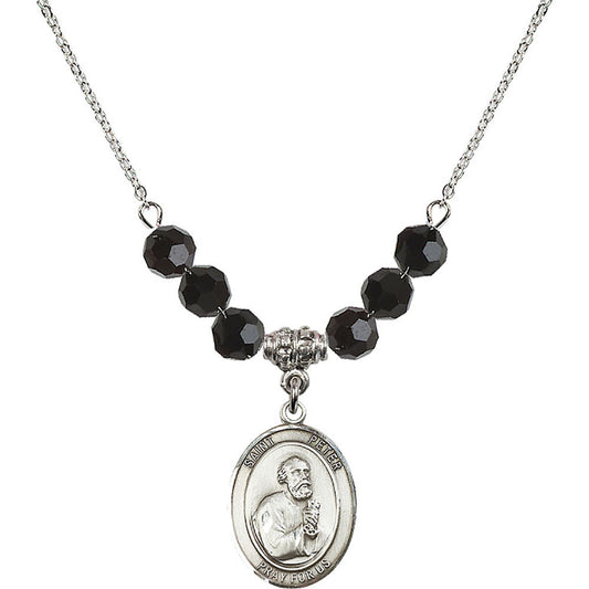 Sterling Silver Saint Peter the Apostle Birthstone Necklace with Jet Beads - 8090
