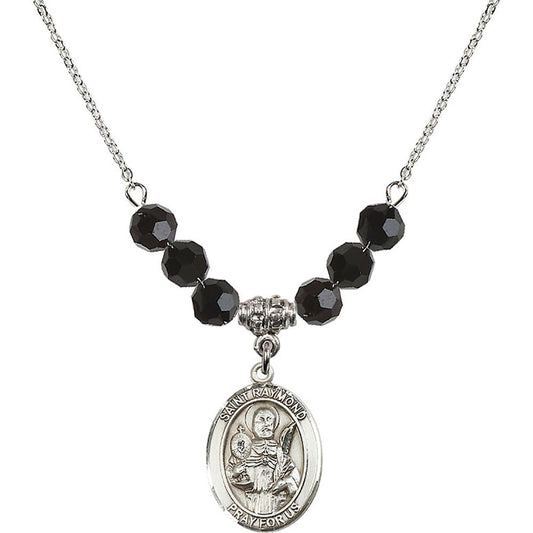 Sterling Silver Saint Raymond Nonnatus Birthstone Necklace with Jet Beads - 8091