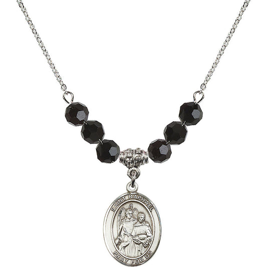Sterling Silver Saint Raphael the Archangel Birthstone Necklace with Jet Beads - 8092