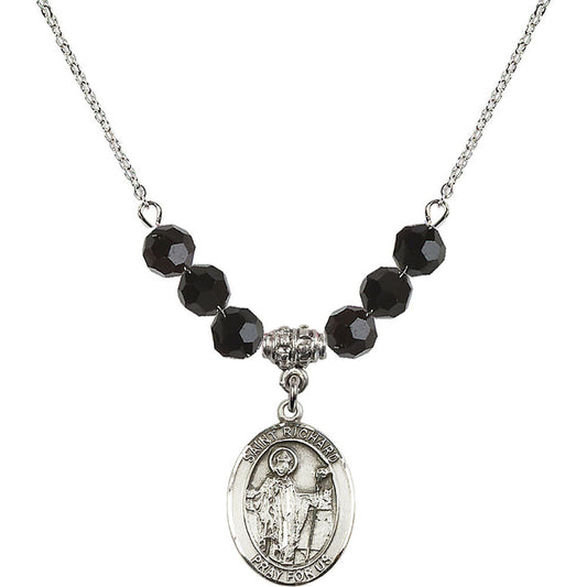 Sterling Silver Saint Richard Birthstone Necklace with Jet Beads - 8093