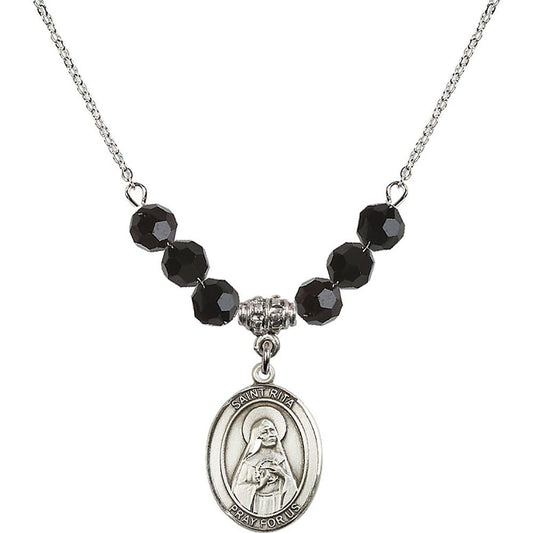 Sterling Silver Saint Rita of Cascia Birthstone Necklace with Jet Beads - 8094