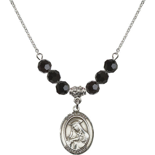 Sterling Silver Saint Rose of Lima Birthstone Necklace with Jet Beads - 8095
