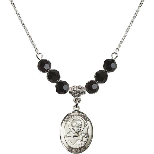 Sterling Silver Saint Robert Bellarmine Birthstone Necklace with Jet Beads - 8096