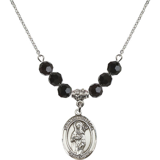 Sterling Silver Saint Scholastica Birthstone Necklace with Jet Beads - 8099