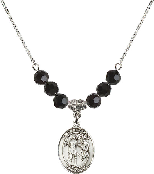 Sterling Silver Saint Sebastian Birthstone Necklace with Jet Beads - 8100