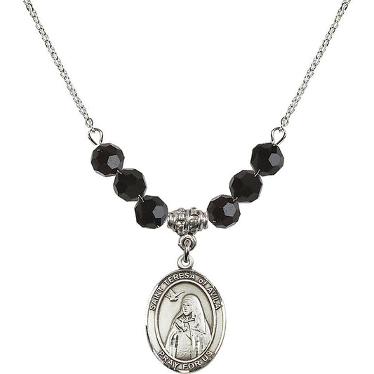Sterling Silver Saint Teresa of Avila Birthstone Necklace with Jet Beads - 8102