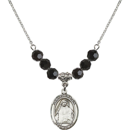 Sterling Silver Saint Edith Stein Birthstone Necklace with Jet Beads - 8103