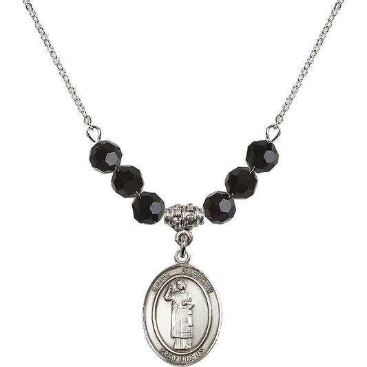 Sterling Silver Saint Stephen the Martyr Birthstone Necklace with Jet Beads - 8104