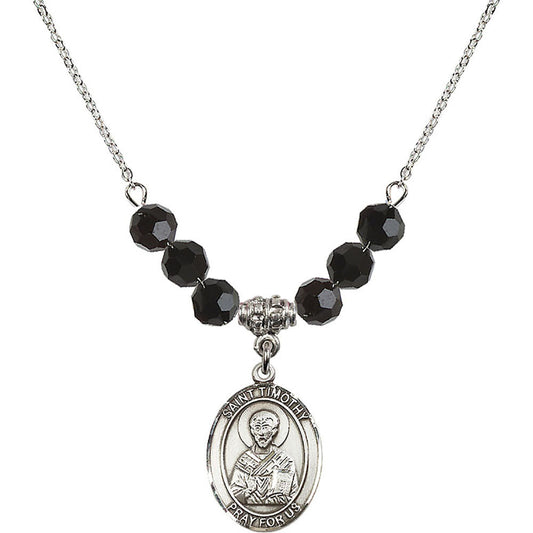 Sterling Silver Saint Timothy Birthstone Necklace with Jet Beads - 8105