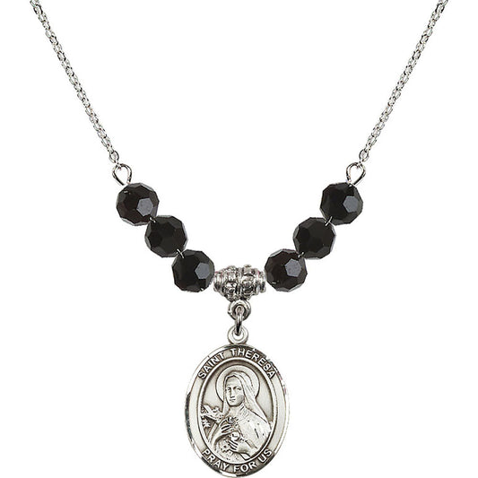 Sterling Silver Saint Theresa Birthstone Necklace with Jet Beads - 8106